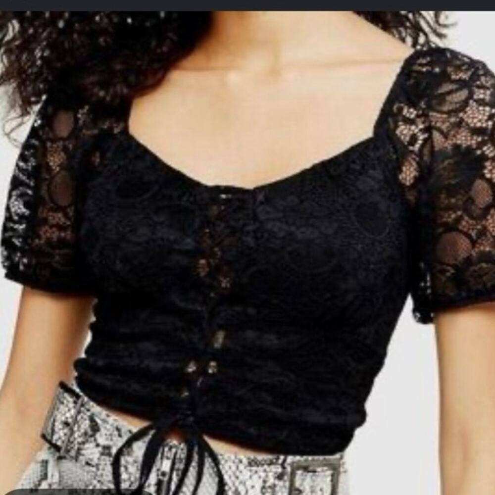 Top shop black lace crop top 8 lace up gothic short sleeve